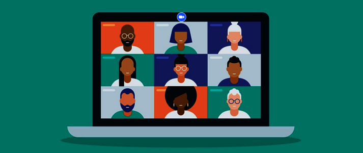 Grafika przedstawia obraz ekranu komputera oraz twarze ludzi 