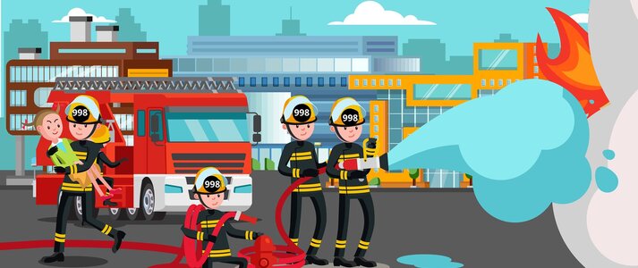 Obrazek przedstawiający trzech strażaków w hełmach z napisem 998 i ciemnych strojach strażackich gaszących wodą z węża strażackiego ogień. Czwarty strażak w lewej części ekranu biegnie w przeciwnym kierunku do ognia niosąc na rękach dziewczynkę ubraną w zielony sweter oraz żółtą spódnicę. Na drugim planie stoi czerwony samochód strażacki z wyciąganą drabiną. Za samochodem zarys budynków mieszkalnych, chmury oraz napis u góry obrazka: Strażak – Prawdziwy Bohater Wsi.