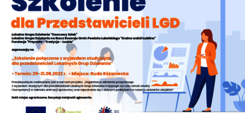 Plakat informuje o realizacji operacji pn., Organizacja szkolenia połączonego z wyjazdem studyjnym dla przedstawicieli Lokalnych Grup Działania mającego na celu wzrost wiedzy i kompetencji w zakresie animacji społecznej oraz zapoznanie się z dobrymi praktykami w rozwoju obszarów wiejskich” w ramach planu działania Krajowej Sieci Obszarów Wiejskich na lata 2014-2020 Plan Operacyjny na Lata 2022-2023. Na dole plakatu znajdują się logotypy Unii Europejskiej, Krajowej Sieci Obszarów Wiejskich oraz Programu Rozwoju obszarów Wiejskich na lata 2014-2020 z głównym zdaniem/stopką o treści ,,Europejski Fundusz Rolny na rzecz Rozwoju Obszarów Wiejskich: Europa inwestująca w obszary wiejskie”. Na górze plakatu znajdują się loga Partnera KSOW oraz Partnerów projektu oraz zapis „Szkolenie dla Przedstawicieli LGD”. W środkowej części plakatu znajduje się treść zapisana w zdaniach informujących iż: Lokalna Grupa Działania „Owocowy Szlak”, Lokalna Grupa Działania na Rzecz Rozwoju Gmin Powiatu Lubelskiego „Kraina wokół Lublina” i Fundacja „Przyroda – Tradycja – Ludzie” zapraszają na „Szkolenie połączone z wyjazdem studyjnym dla przedstawicieli Lokalnych Grup Działania w terminie 29 – 31. 08.2022 r. w miejscu Ruda Różaniecka wraz z zapisem, że przedsięwzięcie realizowane jest w ramach projektu „Organizacja szkolenia połączonego z wyjazdem studyjnym dla przedstawicieli Lokalnych Grup Działania mającego na celu wzrost wiedzy i kompetencji w zakresie animacji społecznej oraz zapoznanie się z dobrymi praktykami w rozwoju obszarów wiejskich”. W prawej części plakatu znajduje się również grafika przedstawiająca kobietę i tablicę z wykresami.