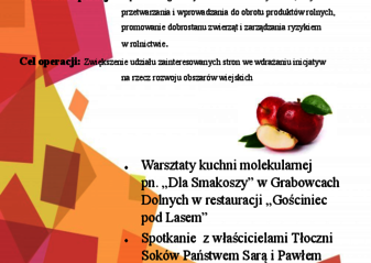 Plakat informujący o kolejnym etapie realizacji operacji „Ułęskie Święto Jabłka” realizowanej przez Gminna Biblioteka Publiczna w Ułężu. Warsztaty kuchni molekularnej pn. „Dla Smakoszy” w Grabowcach Dolnych w restauracji „Gościniec pod Lasem” oraz spotkanie z właścicielami Tłoczni Soków Państwem Sarą i Pawłem Poterków z Trzcianek odbędzie się 3 sierpnia 2021 r. Wzdłuż lewej strony plakatu widoczne żółte, brązowe i różowe rąby. W górnym prawym roku widoczne logo Gminnej Biblioteki Publicznej w Ułężu.