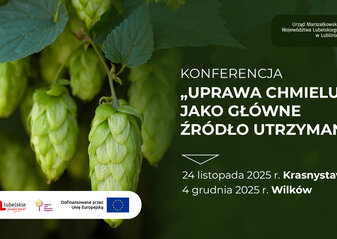 Grafika informująca o konferencji "Uprawa chmielu jako główne źródło utrzymania"