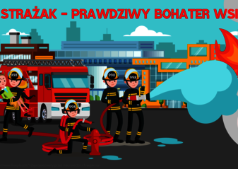 Obrazek przedstawiający trzech strażaków w hełmach z napisem 998 i ciemnych strojach strażackich gaszących wodą z węża strażackiego ogień. Czwarty strażak w lewej części ekranu biegnie w przeciwnym kierunku do ognia niosąc na rękach dziewczynkę ubraną w zielony sweter oraz żółtą spódnicę. Na drugim planie stoi czerwony samochód strażacki z wyciąganą drabiną. Za samochodem zarys budynków mieszkalnych, chmury oraz napis u góry obrazka: Strażak – Prawdziwy Bohater Wsi.
