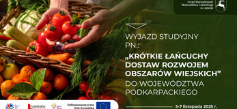 Grafika informująca o wyjeździe studyjno-szkoleniowym do województwa podkarpackiego w terminie od 5 do 7 listopada 2025 roku. Grafika przedstawia kosz pełen owoców i warzyw 