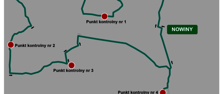 Trasa Rajdu rowerowego Lubelskie rowerowe z KSOW-em. Zaznaczono start, cztery punkty kontrolne oraz metę.